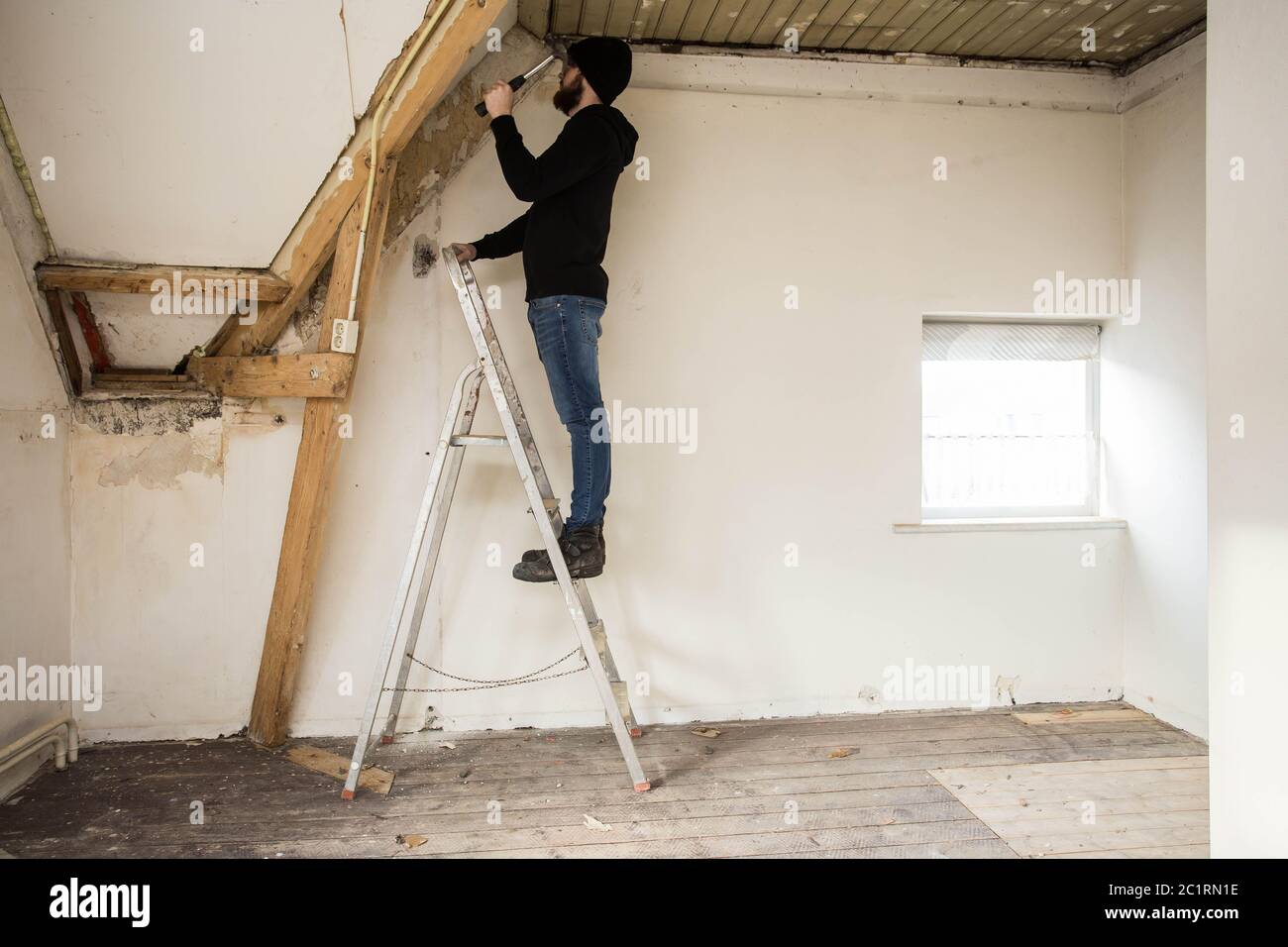 Heimwerker stand auf einer Leiter und renovieren ein Haus, mit Tools wie ein Hammer Stockfoto
