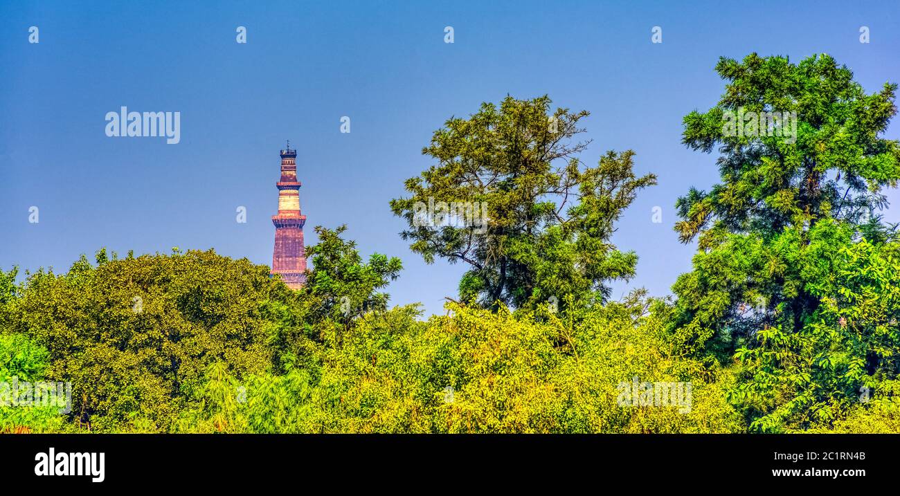 Grüner Teil von Neu-Delhi mit Qutb Minar Turm im Hintergrund - Neu-Delhi, Indien Stockfoto