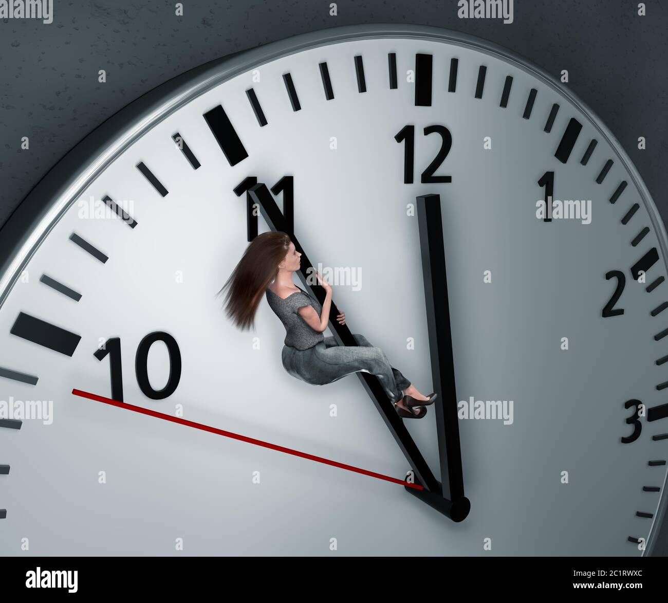 Frau versucht, mehr Zeit zu bekommen. Die Mitarbeiterin klammert sich verzweifelt an die Uhr, um mehr Zeit zu bekommen, damit sie die Frist trotzdem einhalten kann Stockfoto