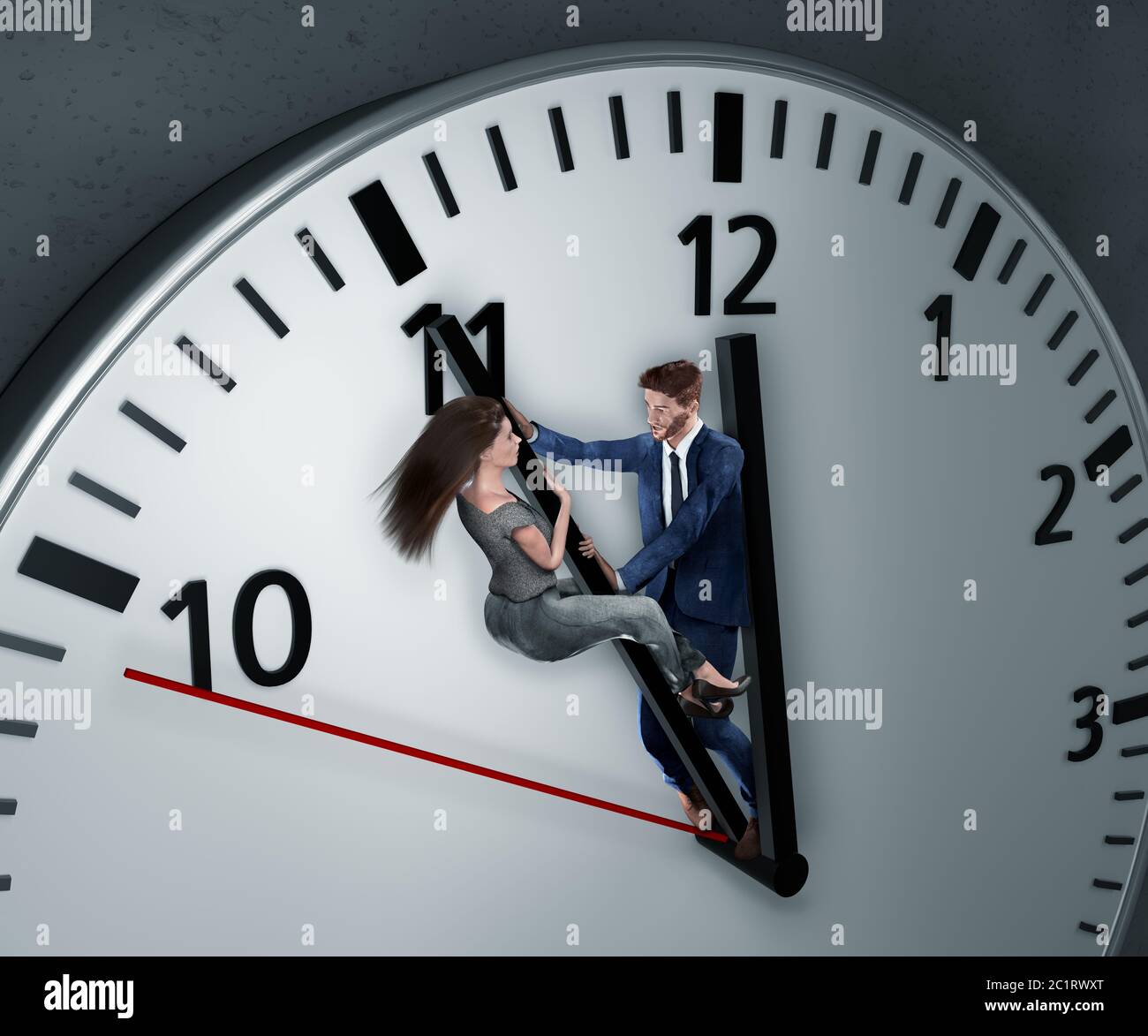 Frau und Mann kämpfen um mehr Zeit. Mitarbeiter stehen verzweifelt gegen die Uhr, um sich mehr Zeit zu geben, die Frist einzuhalten Stockfoto
