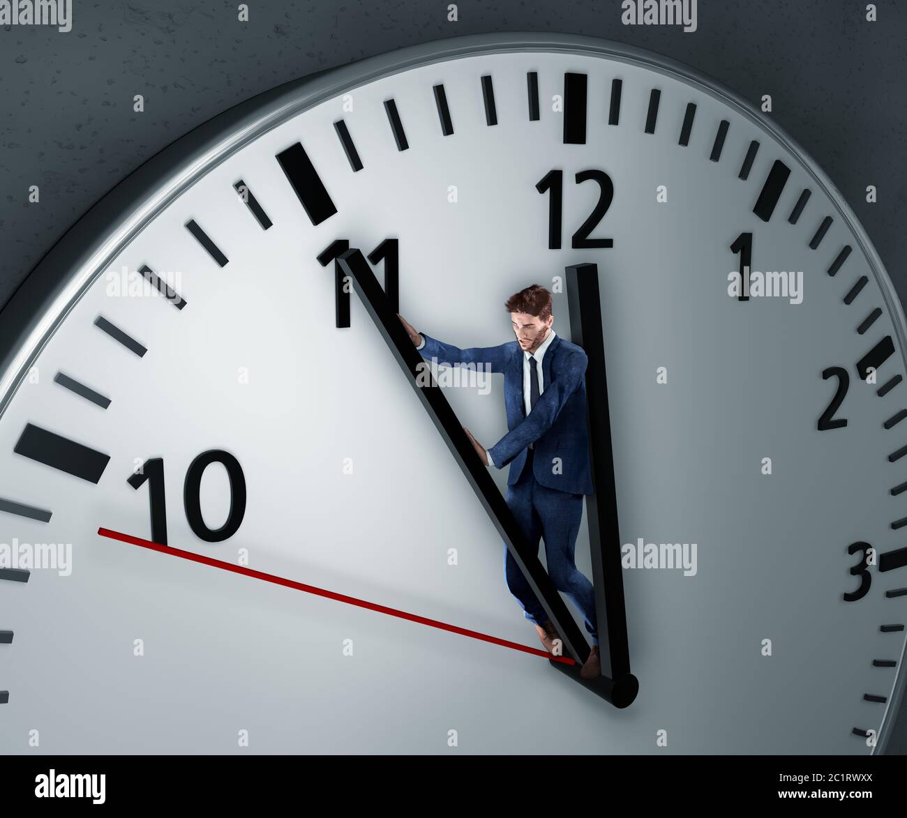 Der Mensch kämpft um mehr Zeit. Der Mitarbeiter stellt sich verzweifelt  gegen die Uhr, um mehr Zeit zu bekommen, damit er die Frist noch einhalten  kann Stockfotografie - Alamy