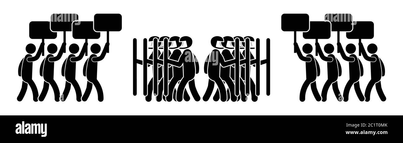 Zwei Gruppen von Demonstranten stoßen mit der Polizei zusammen. Schwarze Illustration isoliert auf weißem Hintergrund. EPS-Vektor Stock Vektor