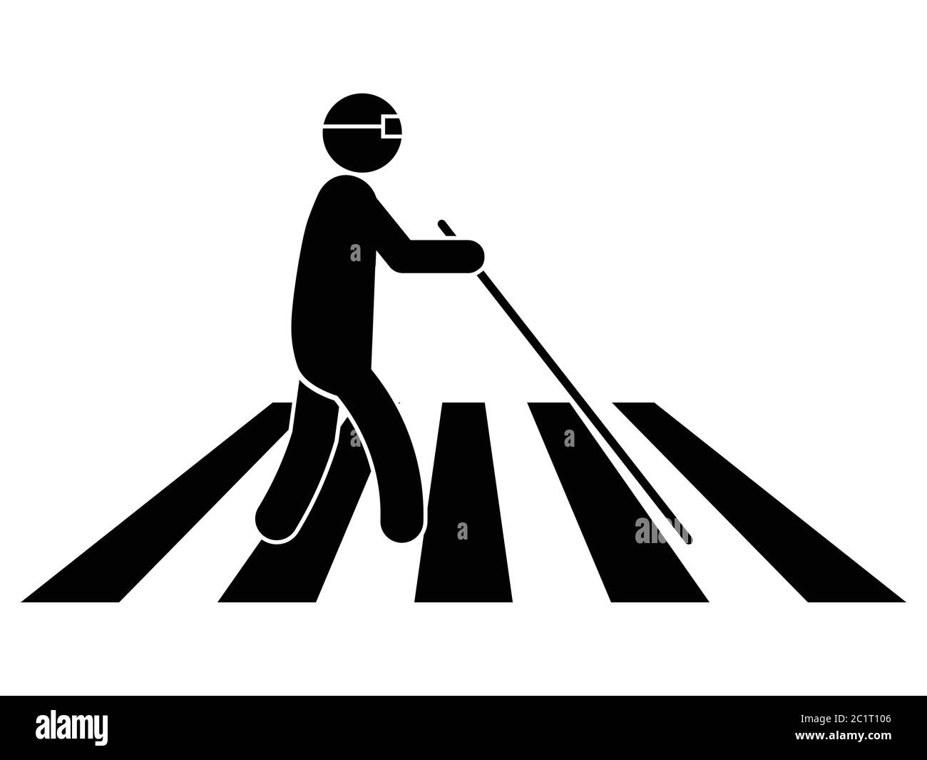 Blinde Person auf dem Crosswalk mit weißem Stock und Brille. Schwarze Illustration isoliert auf weißem Hintergrund. EPS-Vektor Stock Vektor