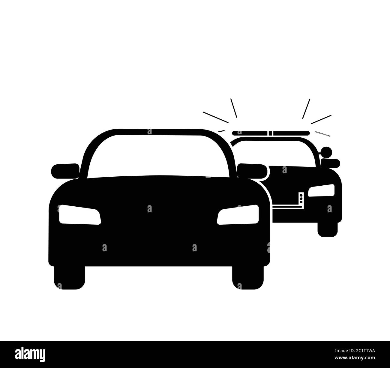 Auto wird von Polizeibeamten angehalten, die Sirenen blinken. Schwarze Illustration isoliert auf weißem Hintergrund. EPS-Vektor Stock Vektor
