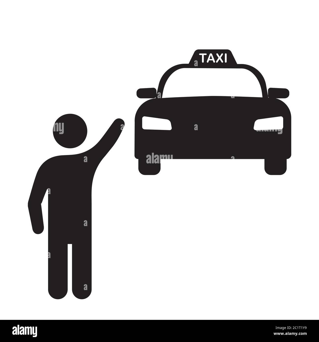 Mann hält mit winkender Hand an Taxi Car. Schwarze Illustration isoliert auf weißem Hintergrund. EPS-Vektor Stock Vektor