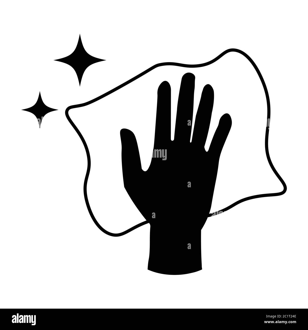 Handarme wischen Reinigung mit Tuch und funkelnden Sternen. Schwarze Illustration isoliert auf weißem Hintergrund. EPS-Vektor Stock Vektor