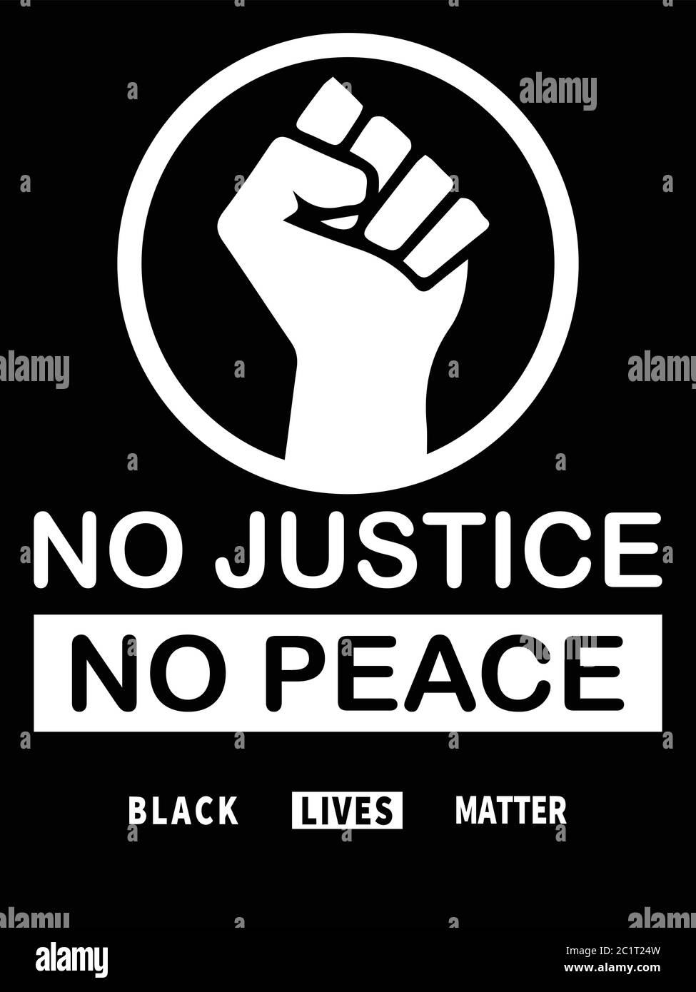 Schwarze Leben Sind Wichtig. Schwarz-weiß BLM-Abbildung zeigt No Justice No Peace mit Fäusten. EPS-Vektor Stock Vektor