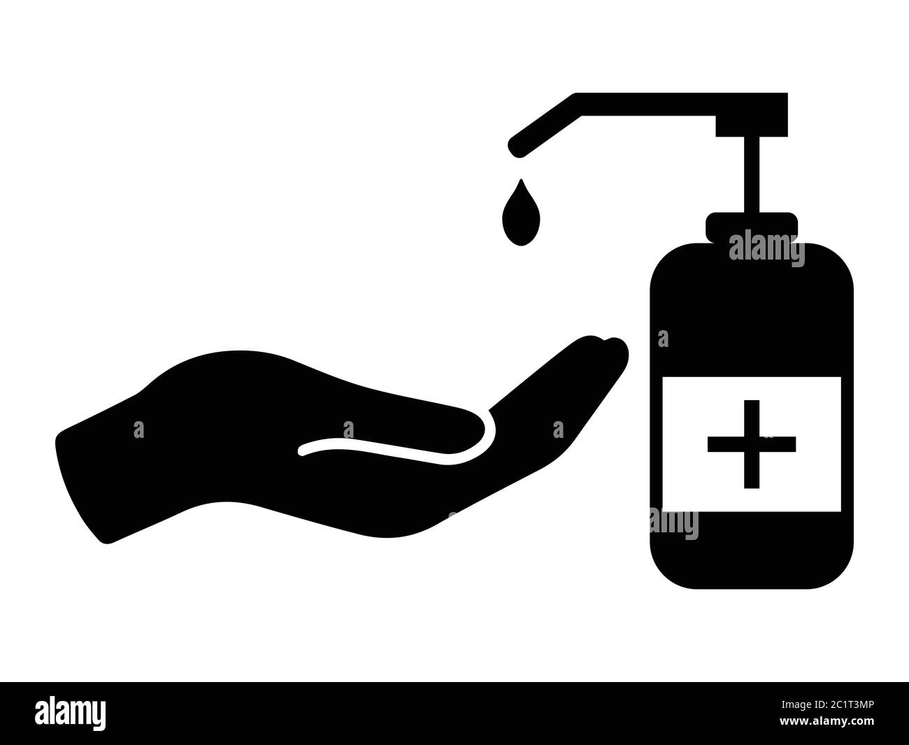 Abbildung: Handdesinfektionsmittel Mit Handfläche Ausbringen. Schwarze Illustration isoliert auf weißem Hintergrund. EPS-Vektor Stock Vektor