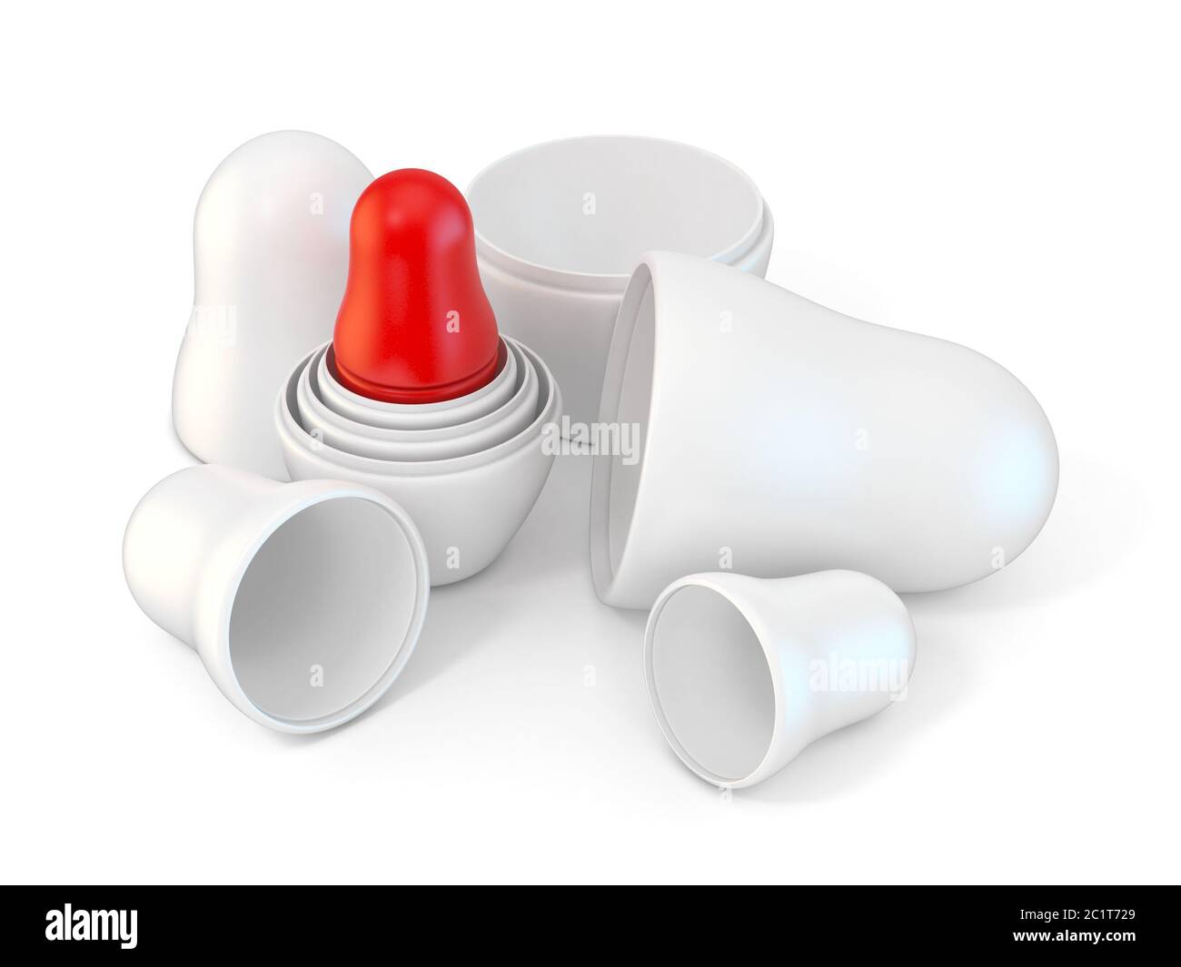 Weiß unbemalt Matrjoschka Puppen geöffnet mit roten Kleinste. 3D Stockfoto