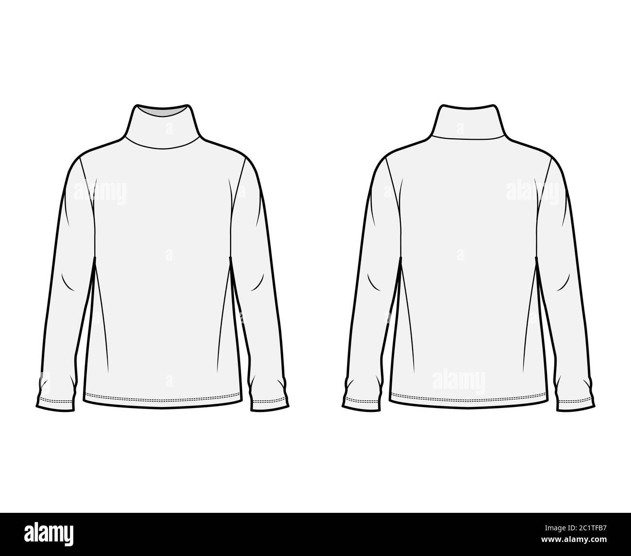 Baumwoll-Jersey-Shirt technische Mode-Illustration mit Rollkragen, Tunika Länge Oversize Body lange Ärmel flach. Bekleidungsvorlage vorne, Rückseite grau Farbe. Damen, Herren Unisex-Kleidungsstück Mockup für Designer Stock Vektor