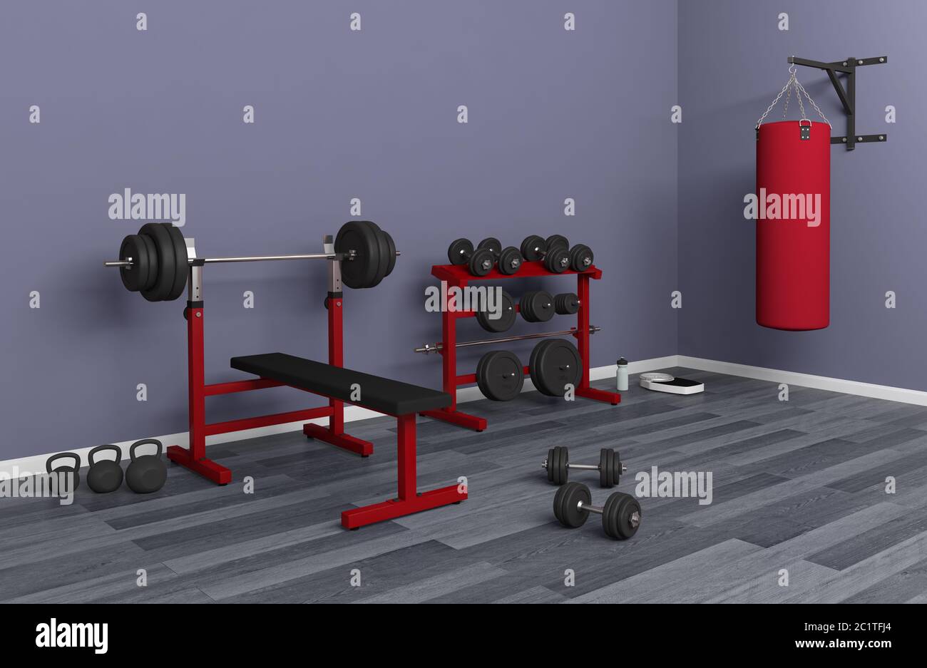 Bodybuilding Turnbank mit Hantelablage Hanteln Boxsack Kettlebell Gewichtheben 3D Stockfoto