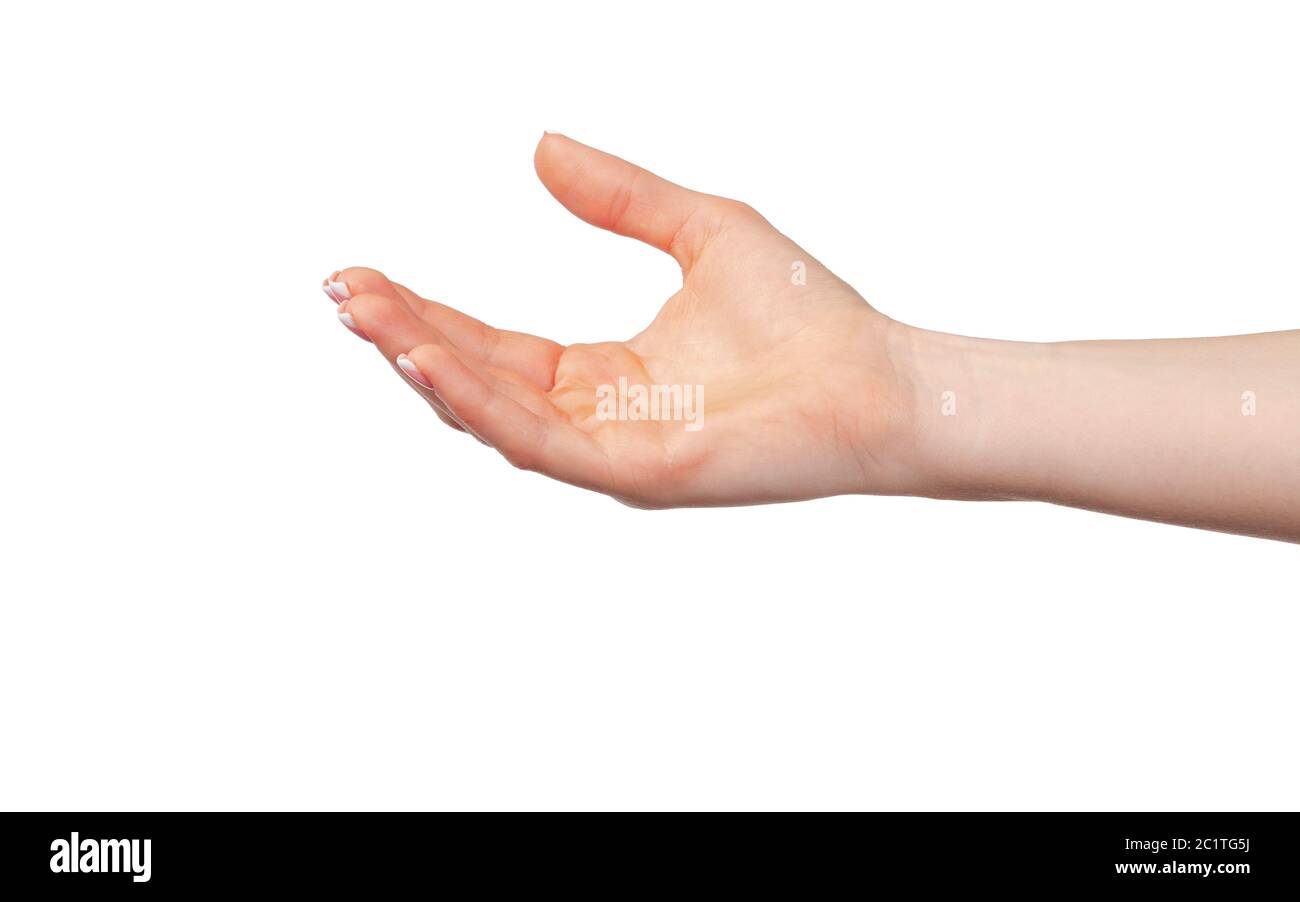 Weibliche Hand zeigt Bettelzeichen oder Opfergabe Stockfoto