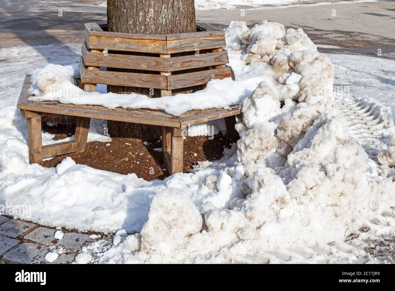 Sitzbank fallen in Eis und Schnee auf einen Baum Stockfoto