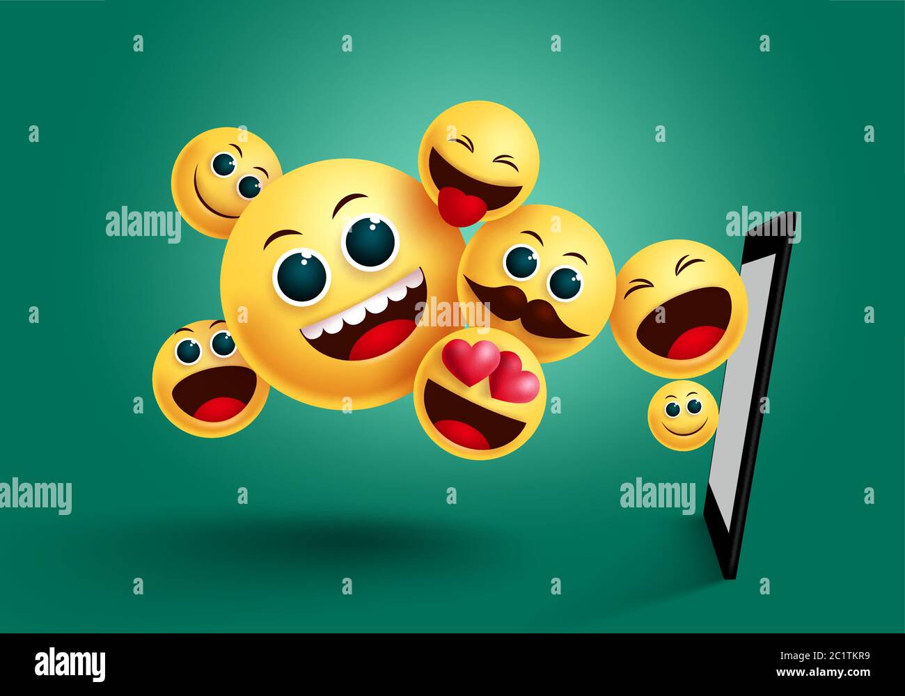 Smiley emoji mobile Apps Vektor-Design. Emoticon Emoji gelbes Gesicht von Handy-Apps Element in grünem Hintergrund für Social-Media-Charakter. Stock Vektor