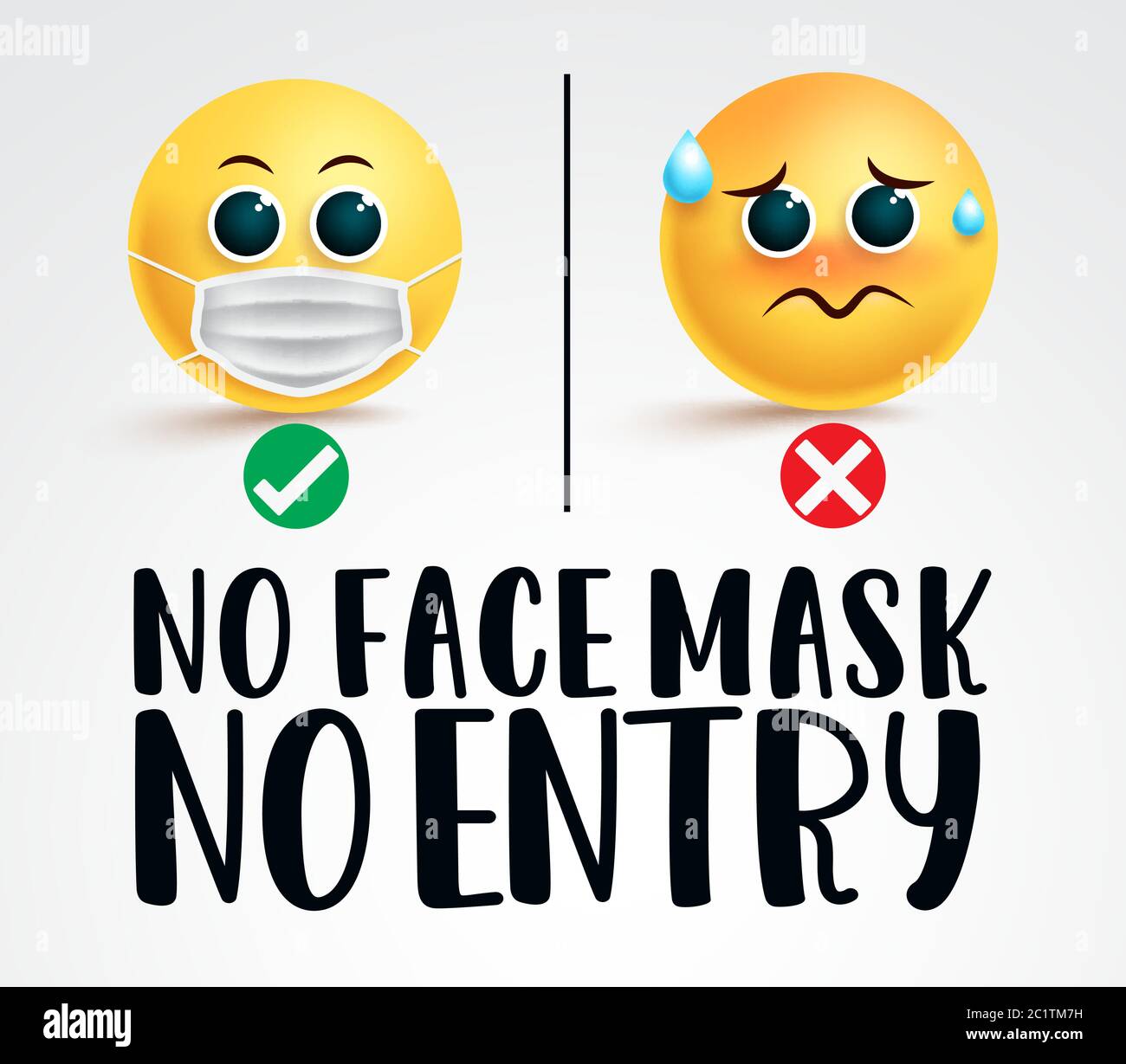 Smiley Gesichtsmaske Signage Vektor-Design. Keine Gesichtsmaske kein Eintragungstext mit zwei Emojis, die eine OP-Maske tragen, für die Sicherheit von covid-19. Stock Vektor