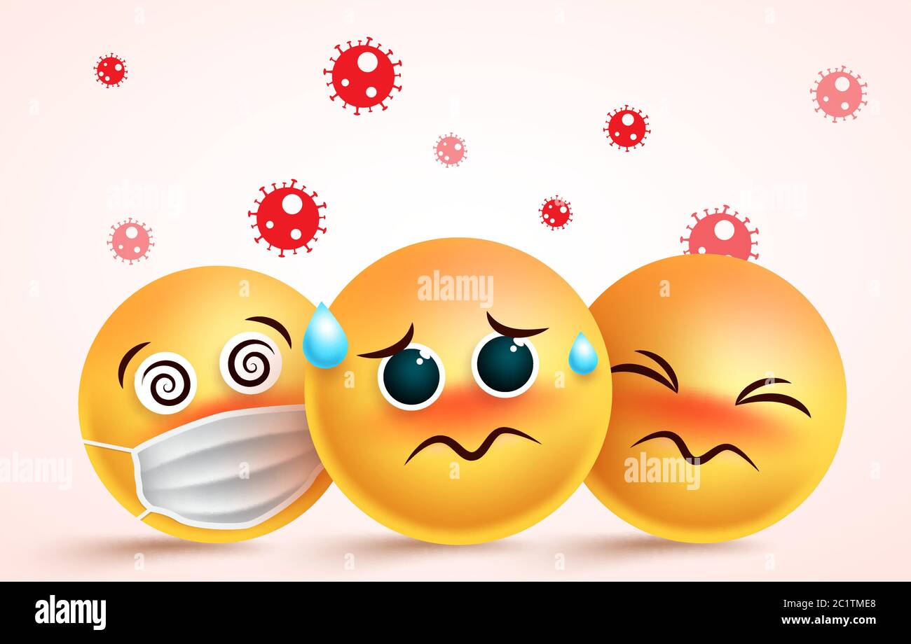 Smiley Coronavirus covid-19 infiziertes Vektor-Konzept. Smiley emoji Corona-Virus covid19 Krankheit infiziert in kranken, schwindelerregenden und traurigen Gesichtsausdrücken. Stock Vektor