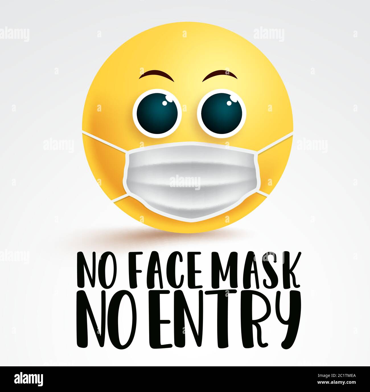 Keine Gesichtsmaske Smiley Emoji Vektor Beschilderung. Keine Gesichtsmaske kein Eintragstext mit Emoji-Gesichtsmaske für Covid-19 Coronavirus-Instruktionsdesign. Stock Vektor