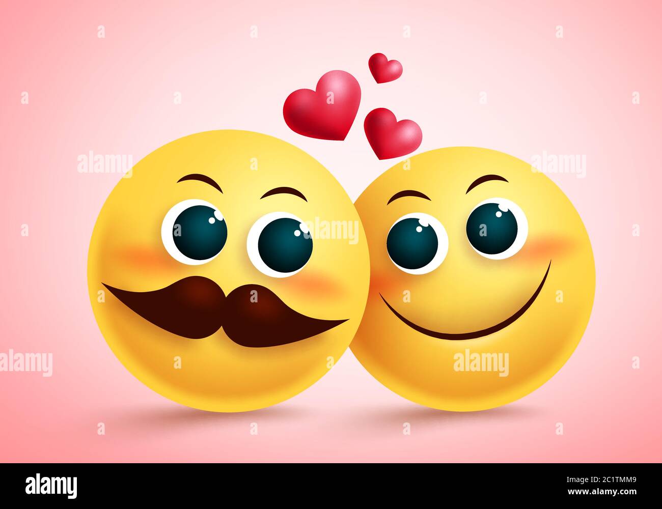 Smiley Emoji Paar in Liebe Vektor-Design. Gelbe niedliche Emojis Liebhaber Charakter mit erröten Gesicht und Herz-Element für Valentinstag und Beziehung. Stock Vektor