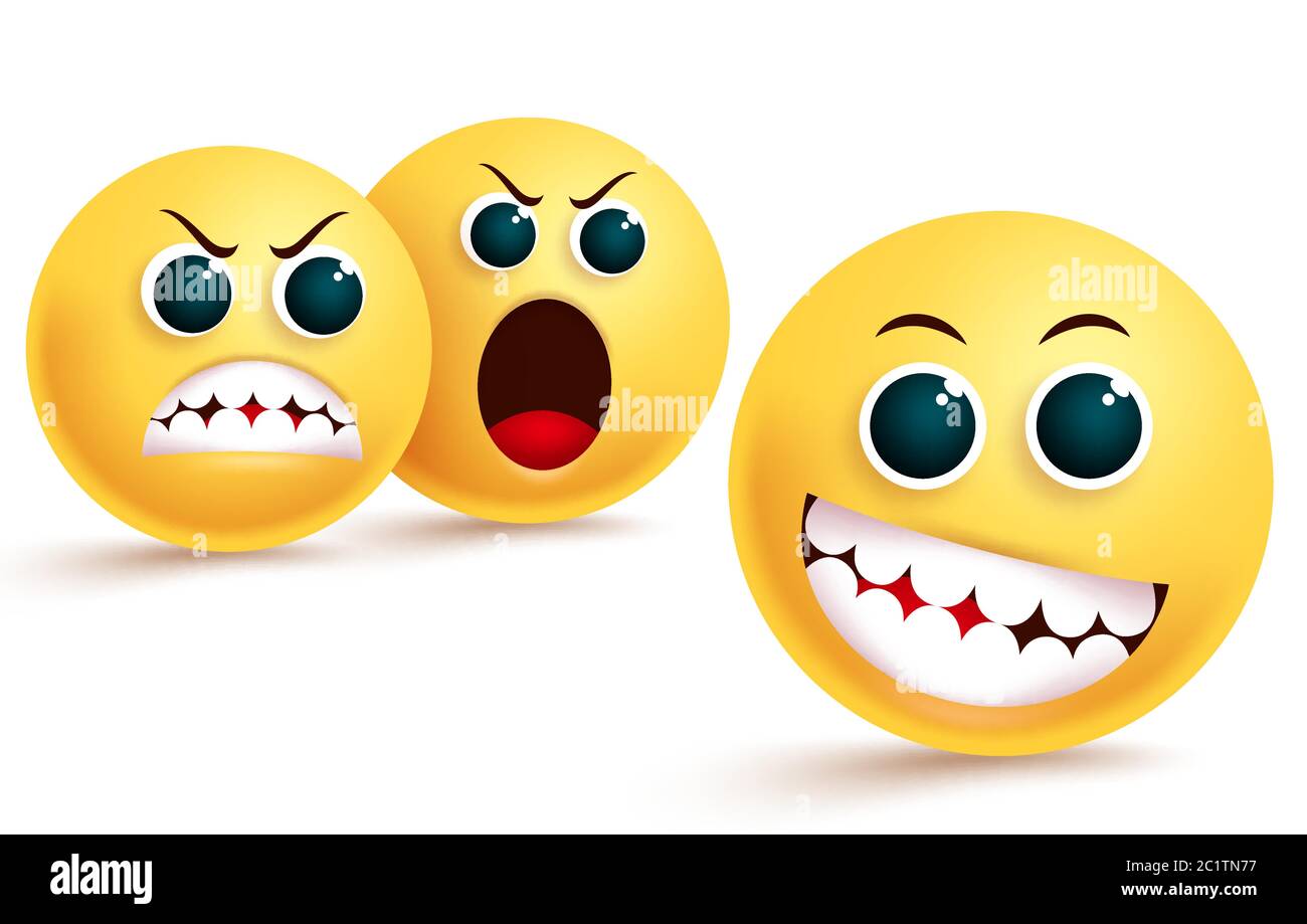 Emoji Neid und Vertrauen Vektor-Design. Smiley Emoticon in dummen und neckerei Gesichtsausdruck mit wütend, Abneigung und schreiende Emojis hinter. Stock Vektor