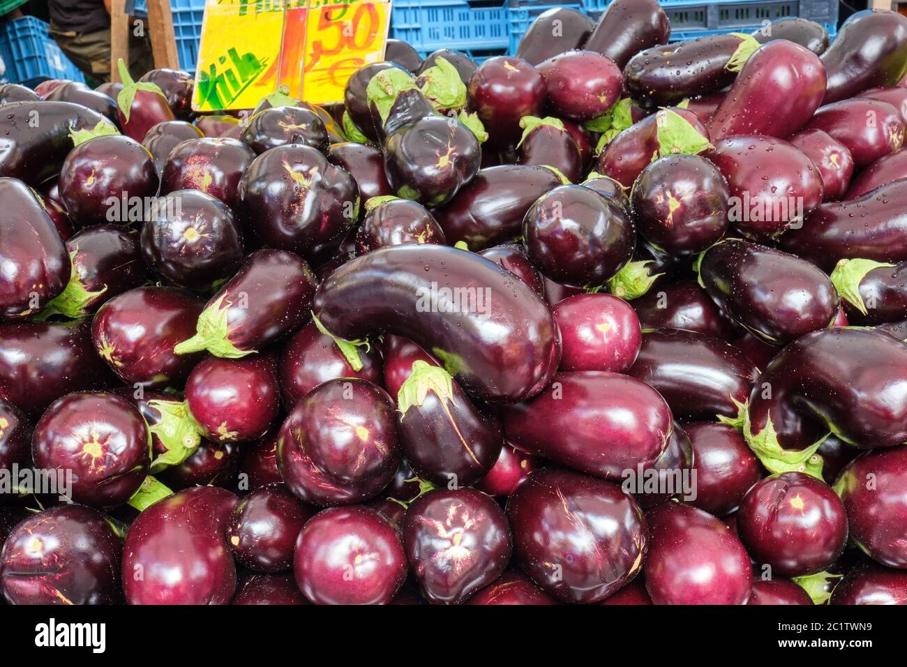 Frische Auberginen für den Verkauf auf dem Markt Stockfoto