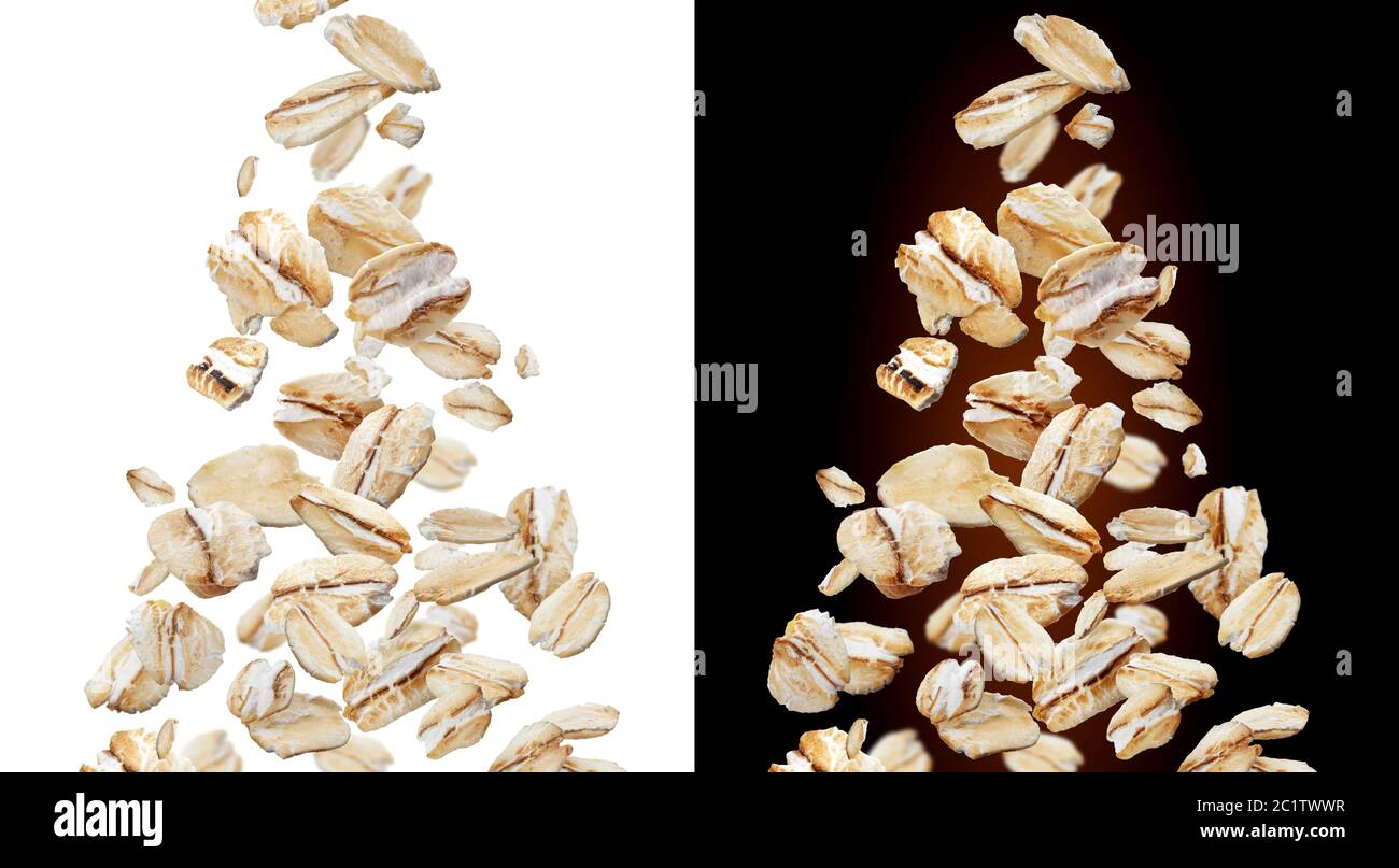 Haferflocken isoliert auf weißem und schwarzem Hintergrund Stockfoto