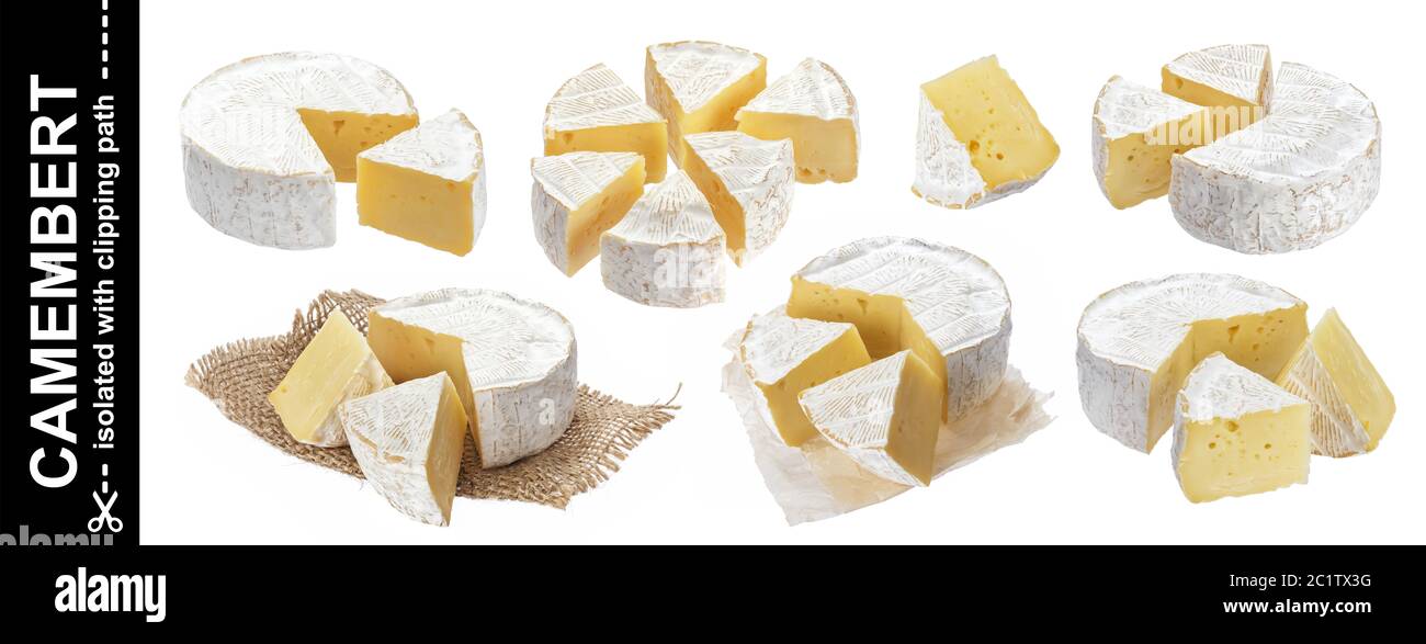 Camembert auf weißem Hintergrund mit Freistellungspfad isoliert. Große Sammlung Stockfoto