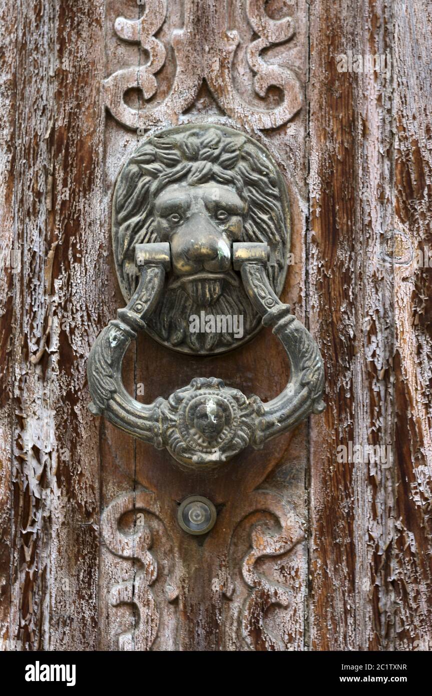 Detail der verfallenen Holztüren mit Leon Türknöpfen Stockfoto