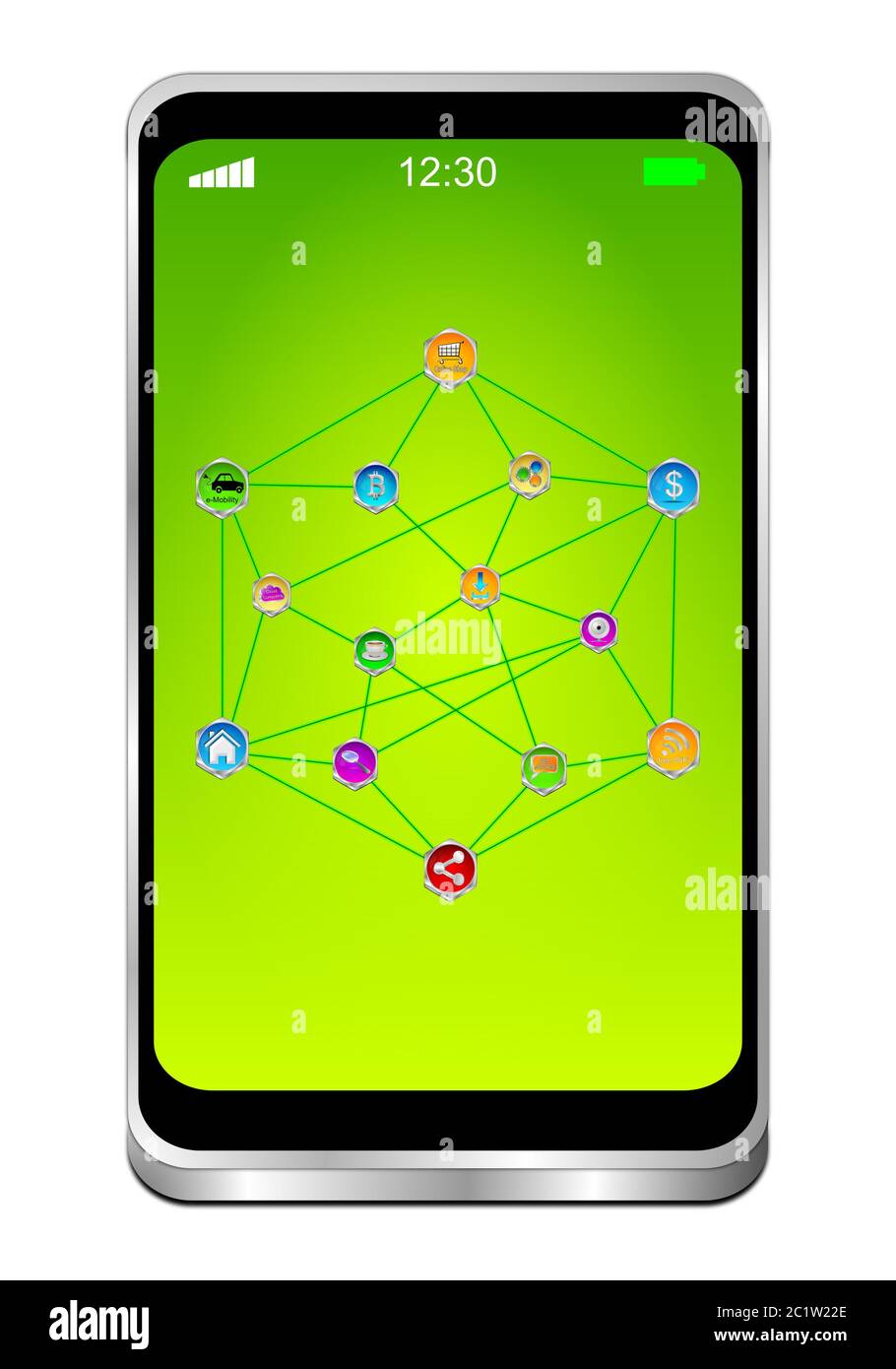Smartphone mit Internet der Dinge auf grünem Desktop - 3D-Illustration Stockfoto