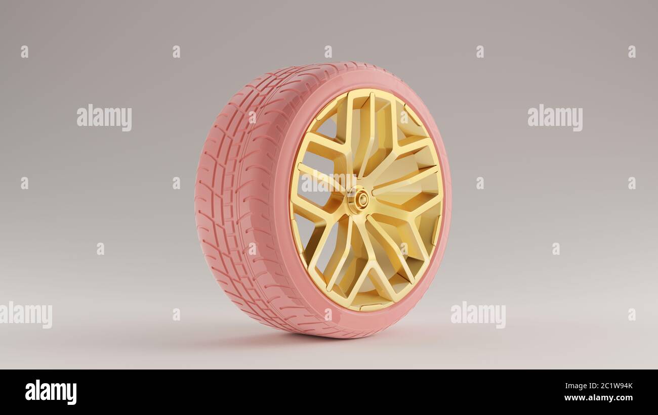 Pink ein goldlegiertes Felgenrad mit detailliertem Speichen Open Wheel Design mit Rennreifen Stockfoto