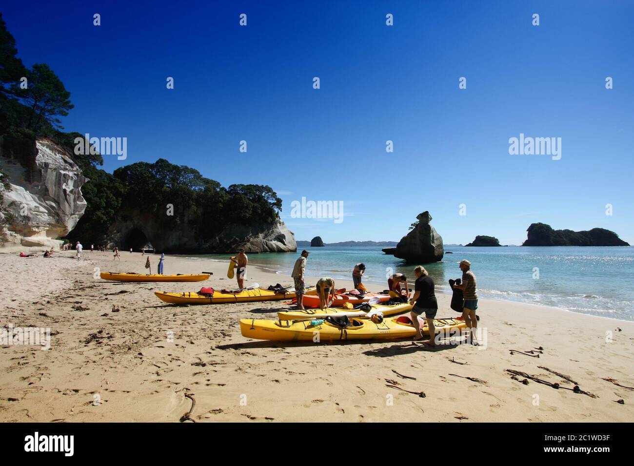 COROMANDEL, NEUSEELAND - 11. MÄRZ 2008: Seekajaker besuchen Cathedral Cove, Coromandel, Neuseeland. Coromandel Halbinsel gilt als ultimative Meer Stockfoto