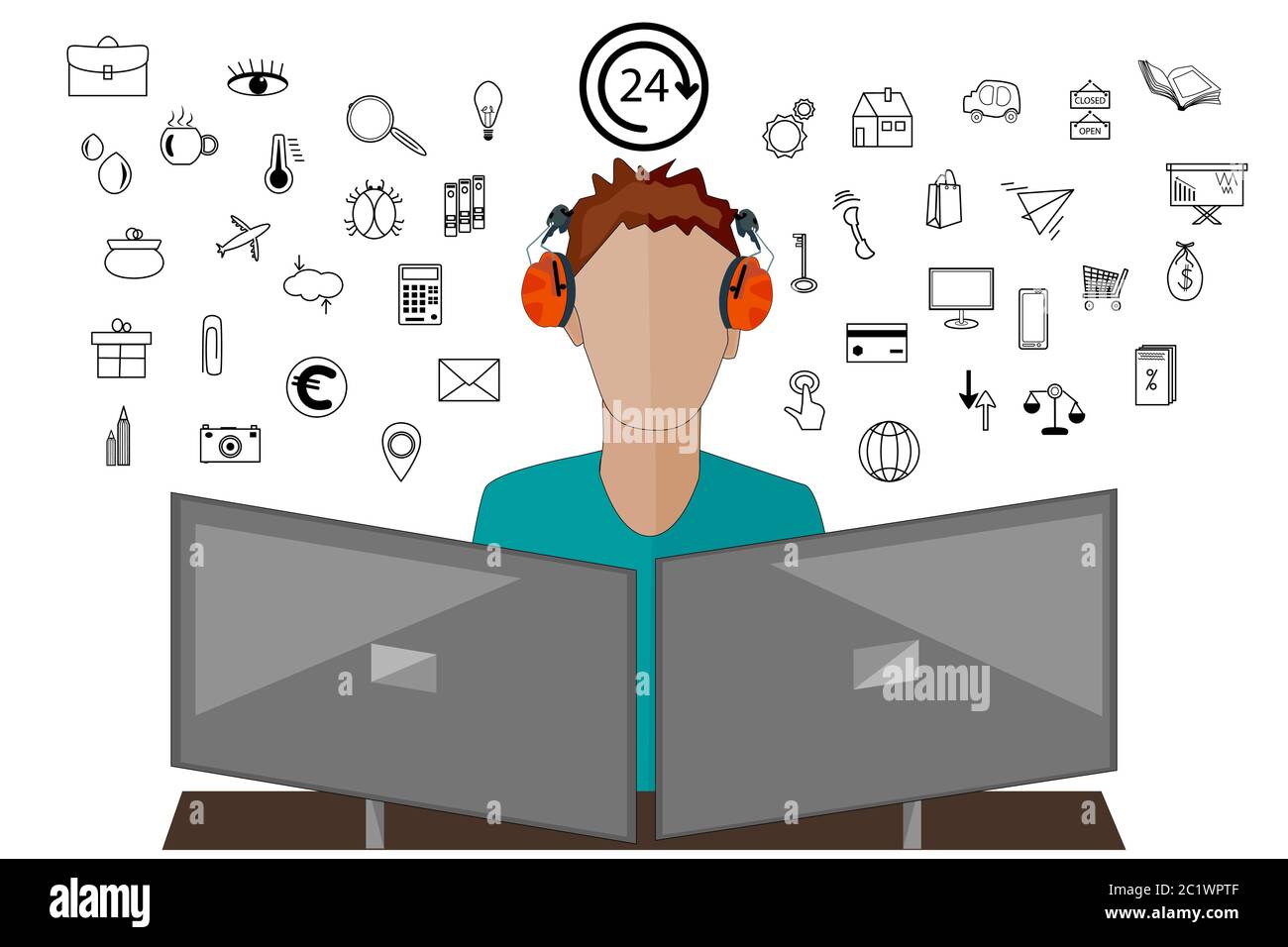 Software-Ingenieur auf weiß isoliert. Computerprogrammierer, Analyst, Manager, Geschäftsmann, Vermarkter bei der Arbeit. Entwickler von Website-Services. Stock-Vektor Stock Vektor