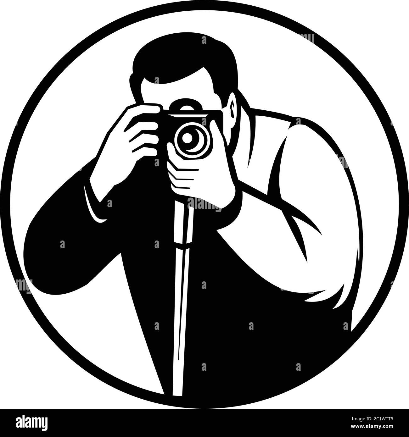 Schwarz-Weiß-Retro-Stil Illustration eines Fotografen mit digitalen slr-Kamera von vorne gesehen im Kreis auf isolierten Hintergrund Stock Vektor