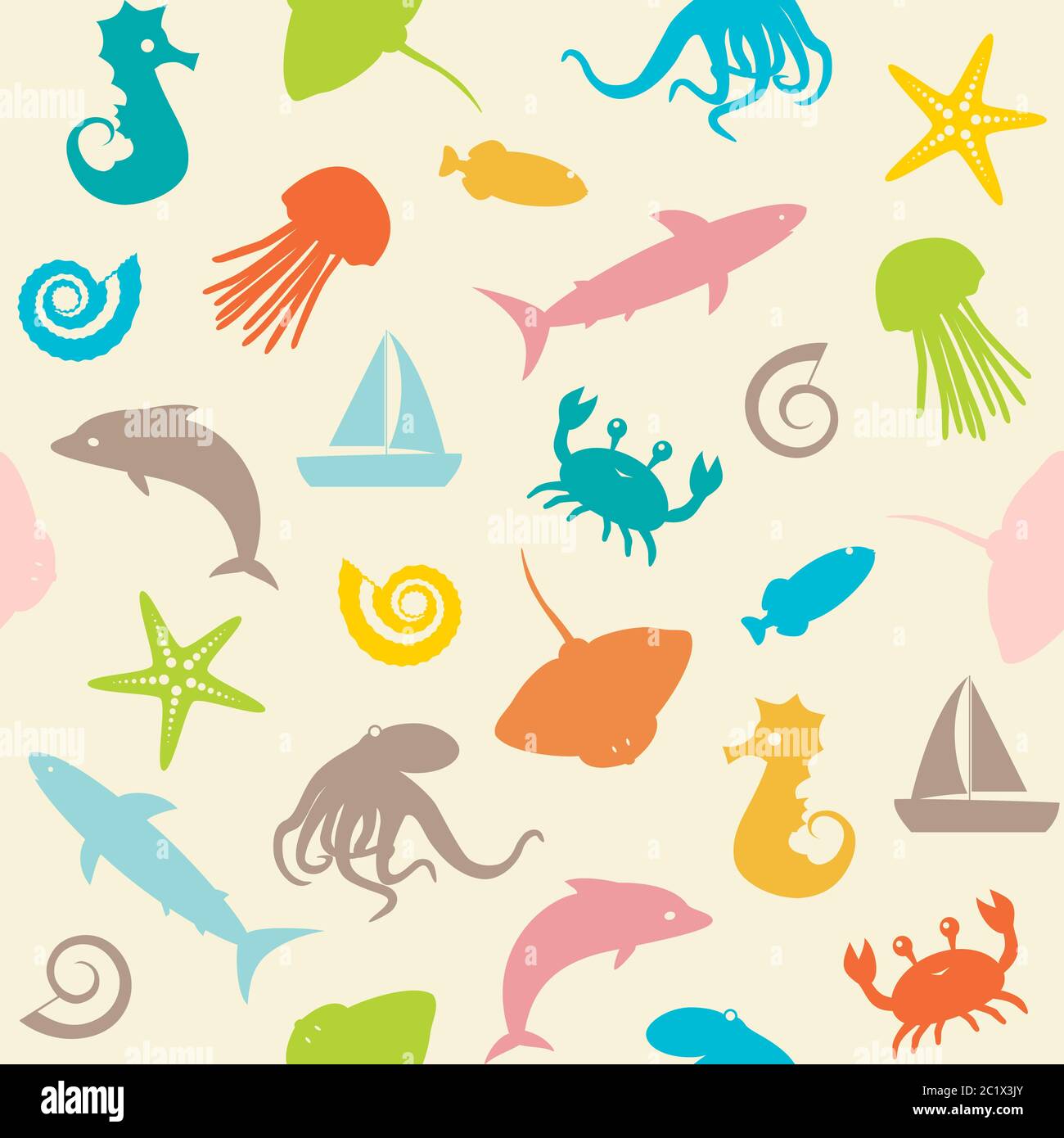 Nahtlose Hintergrund mit kleinen Meerestieren Silhouetten Stock Vektor