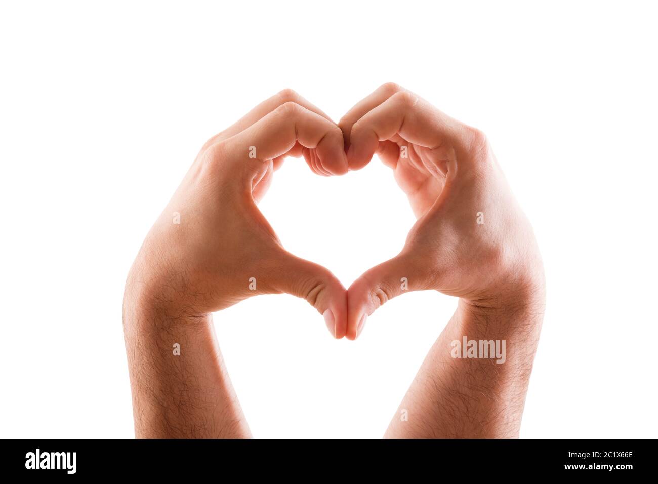 Zwei Hände in Form von Herz auf weißem Hintergrund mit Freistellungspfad isoliert Stockfoto