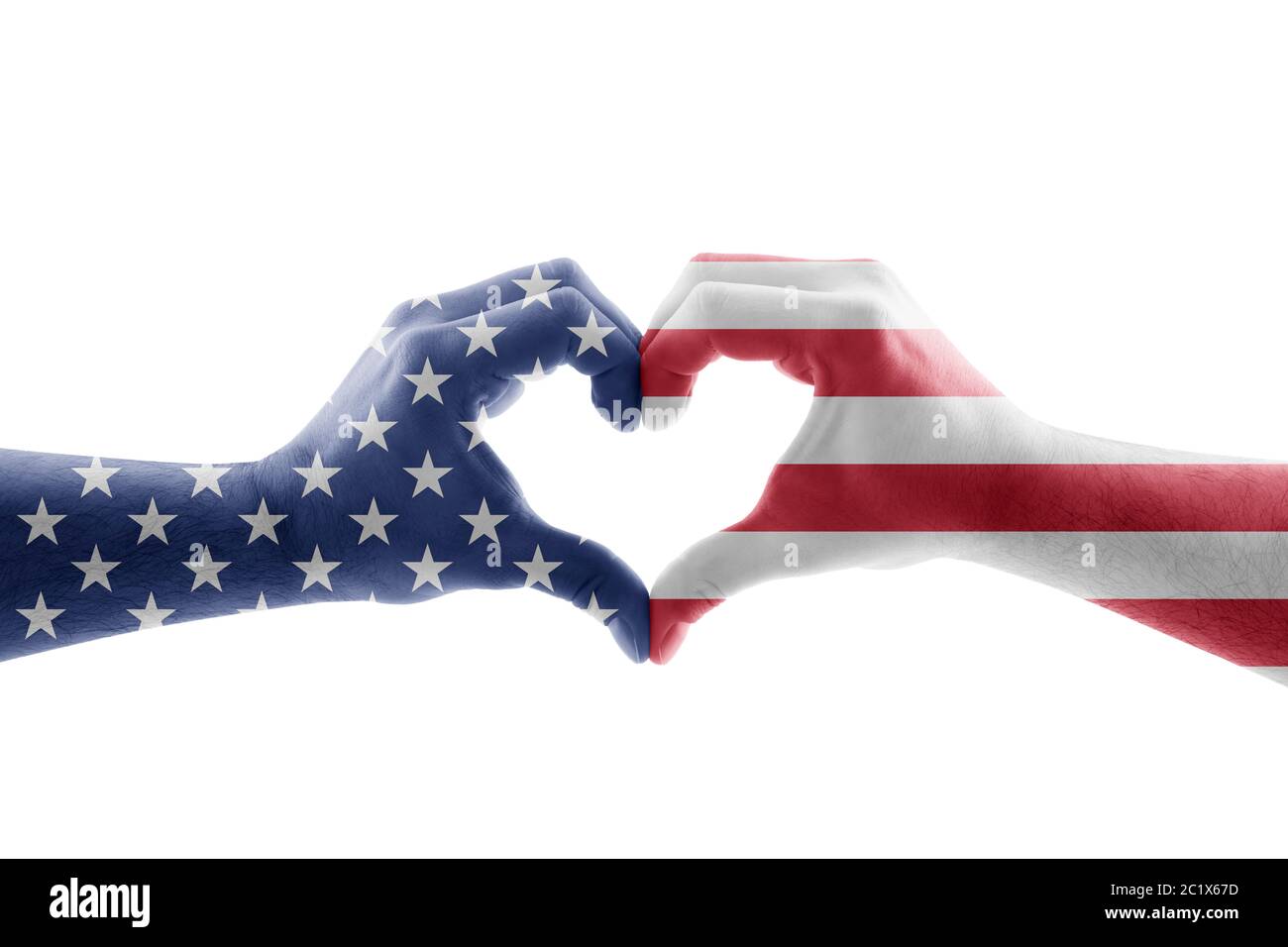 Zwei Hände in Form von Herzen mit USA-Flagge Stockfoto