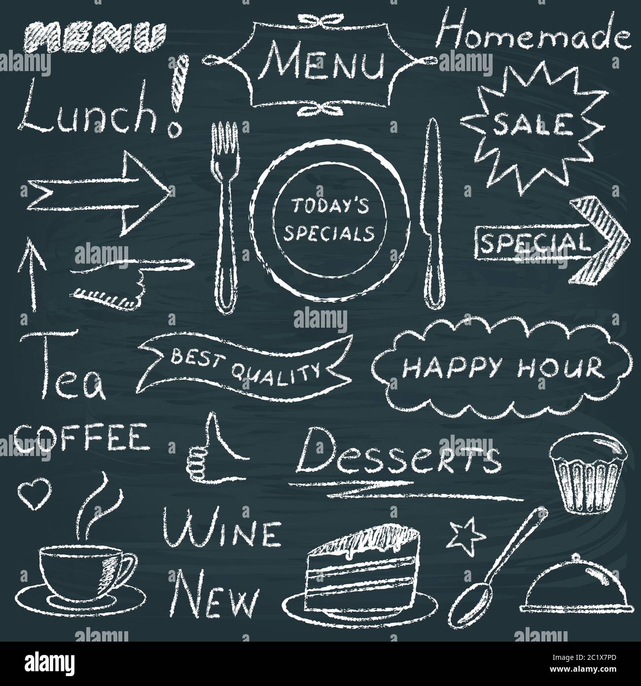 Tafel mit Designelementen für das Restaurantmenü Stock Vektor