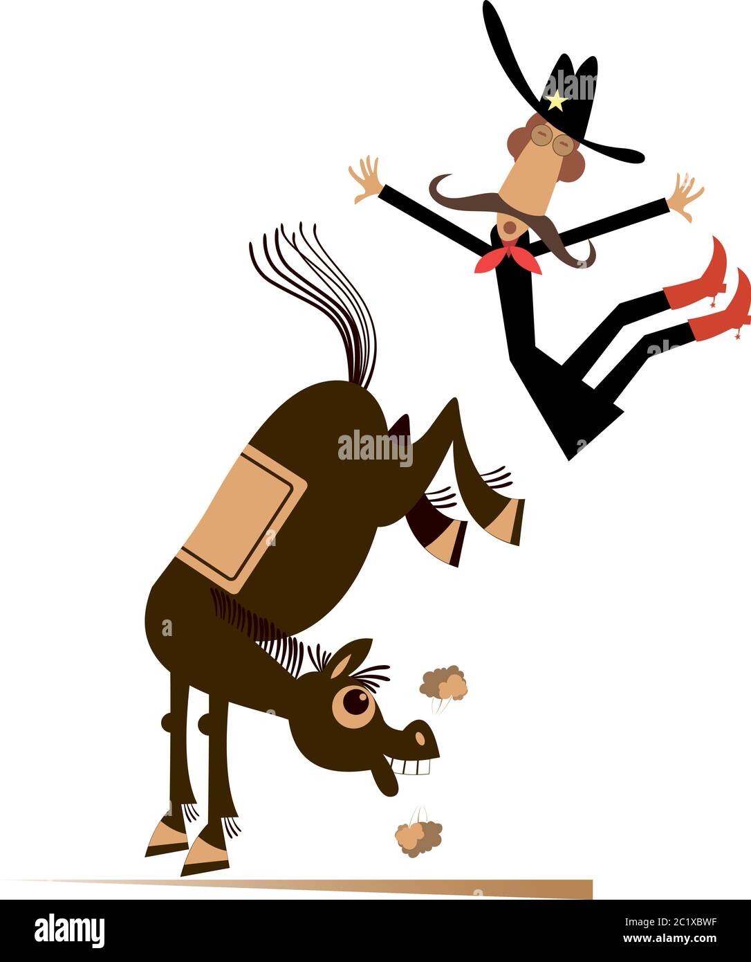 Cartoon Reiter fällt aus dem Pferd Illustration. Lustige Pferd tritt ein herunterfallender langer Schnurrbart Mann oder Cowboy isoliert auf weiß Stock Vektor