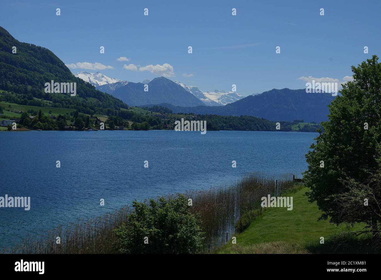 Vierwaldstättersee in der Schweiz mit den umliegenden Bergen. Stockfoto