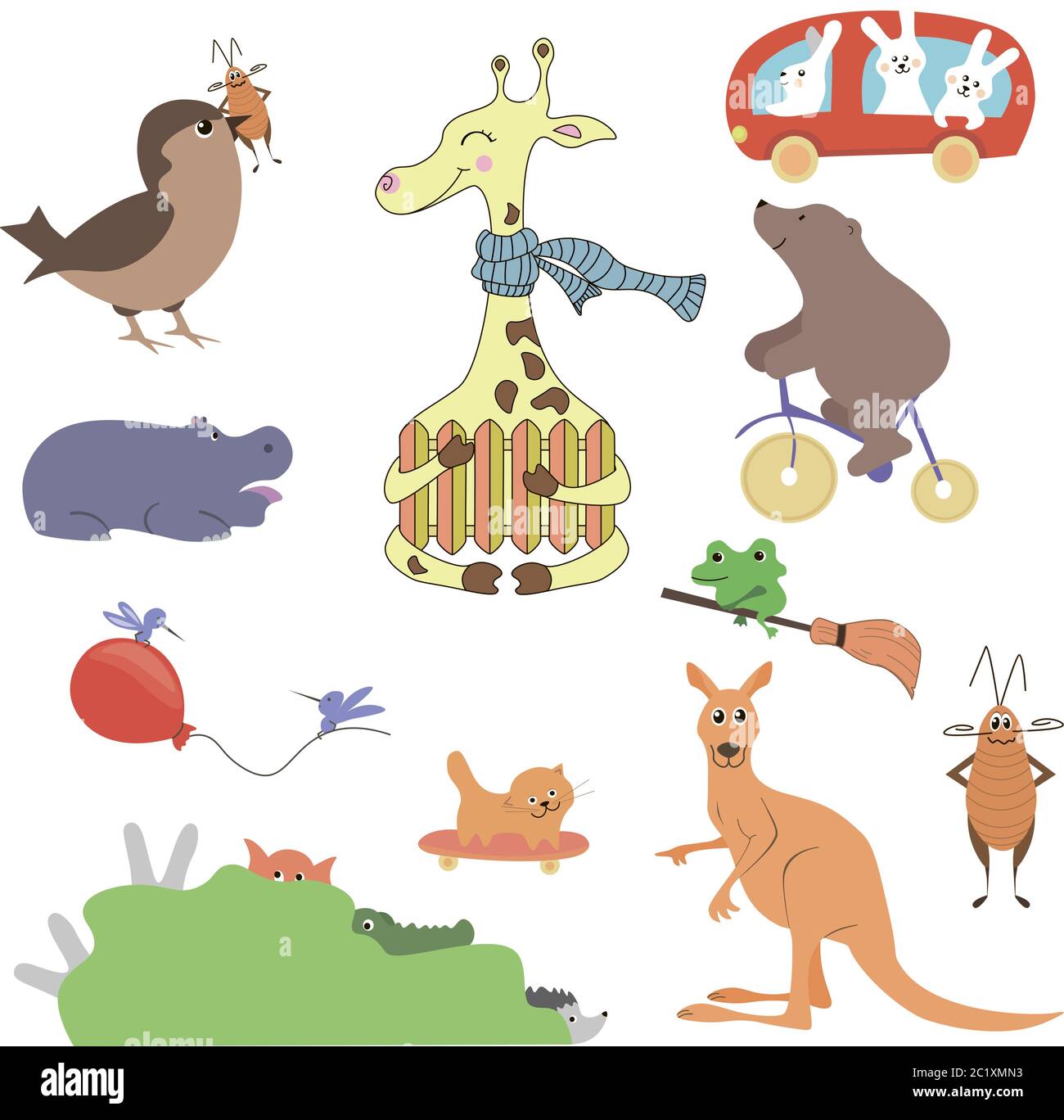 Vektor-Set von niedlichen Wildtieren im Wald Fuchs, Bär, Igel, Kaninchen, Schnecke, Hirsch, Eule, Vogel, Maus. Vintage-Set. Stock Vektor