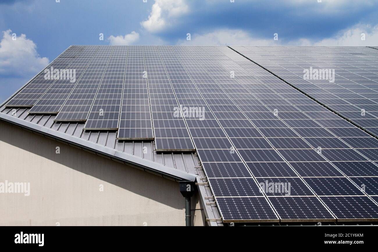 Eine Photovoltaikanlage auf dem Dach einer riesigen Halle, die jeden Raum nutzt Stockfoto
