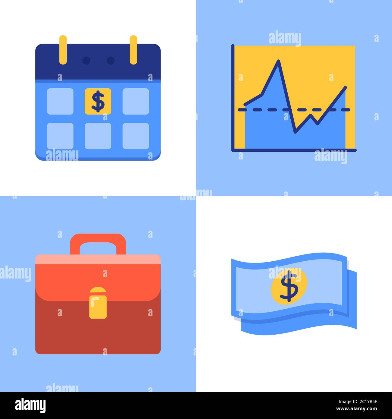 Geschäfts- und Investitionsikone im flachen Stil. Kalender mit Zahldatum, Grafik, Portfolio und Geldsymbolen. Vektorgrafik. Stock Vektor