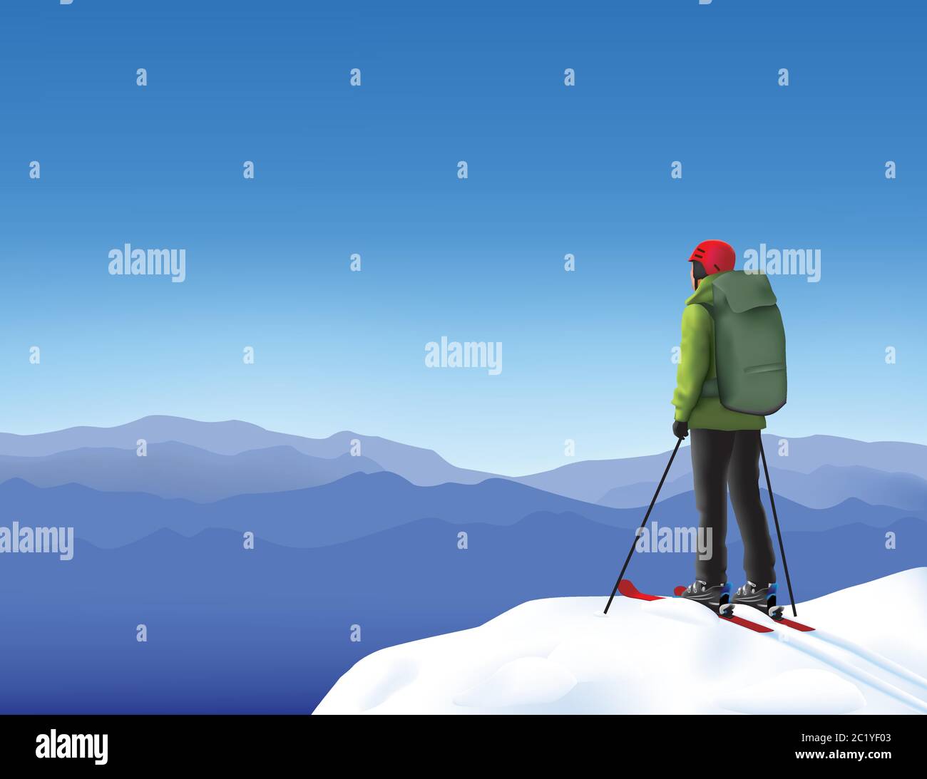 Einsamer Skifahrer hoch in den verschneiten Bergen Stock Vektor