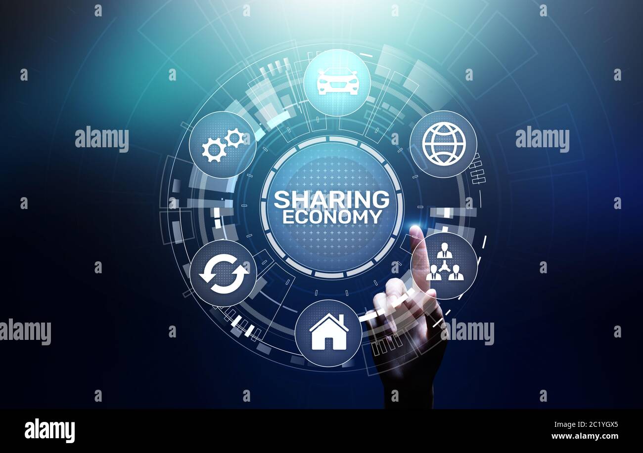 Gemeinsame Nutzung von Wirtschaft, Innovation und Zukunft Business Technology Konzept auf virtuellen Bildschirm Stockfoto