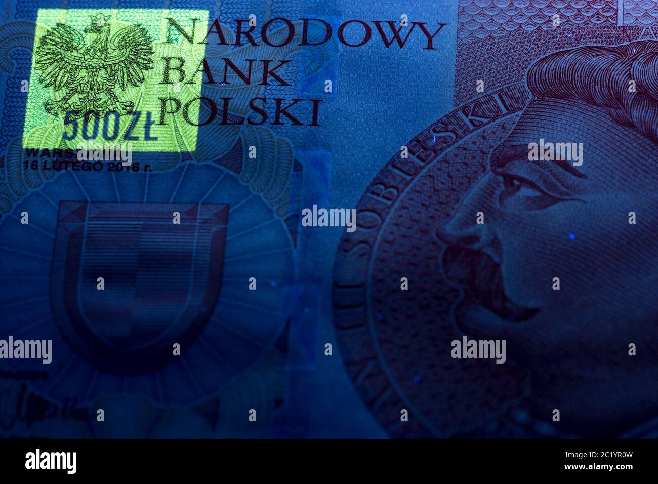 Polen 500 Zloty in UV-Strahlen Stockfoto