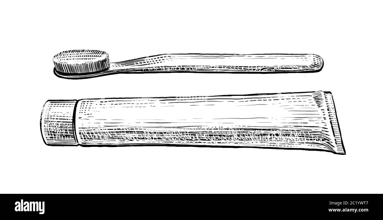 Handgezeichnete Skizze Zahnbürste und Zahnpasta isoliert auf weißem Hintergrund Stockfoto
