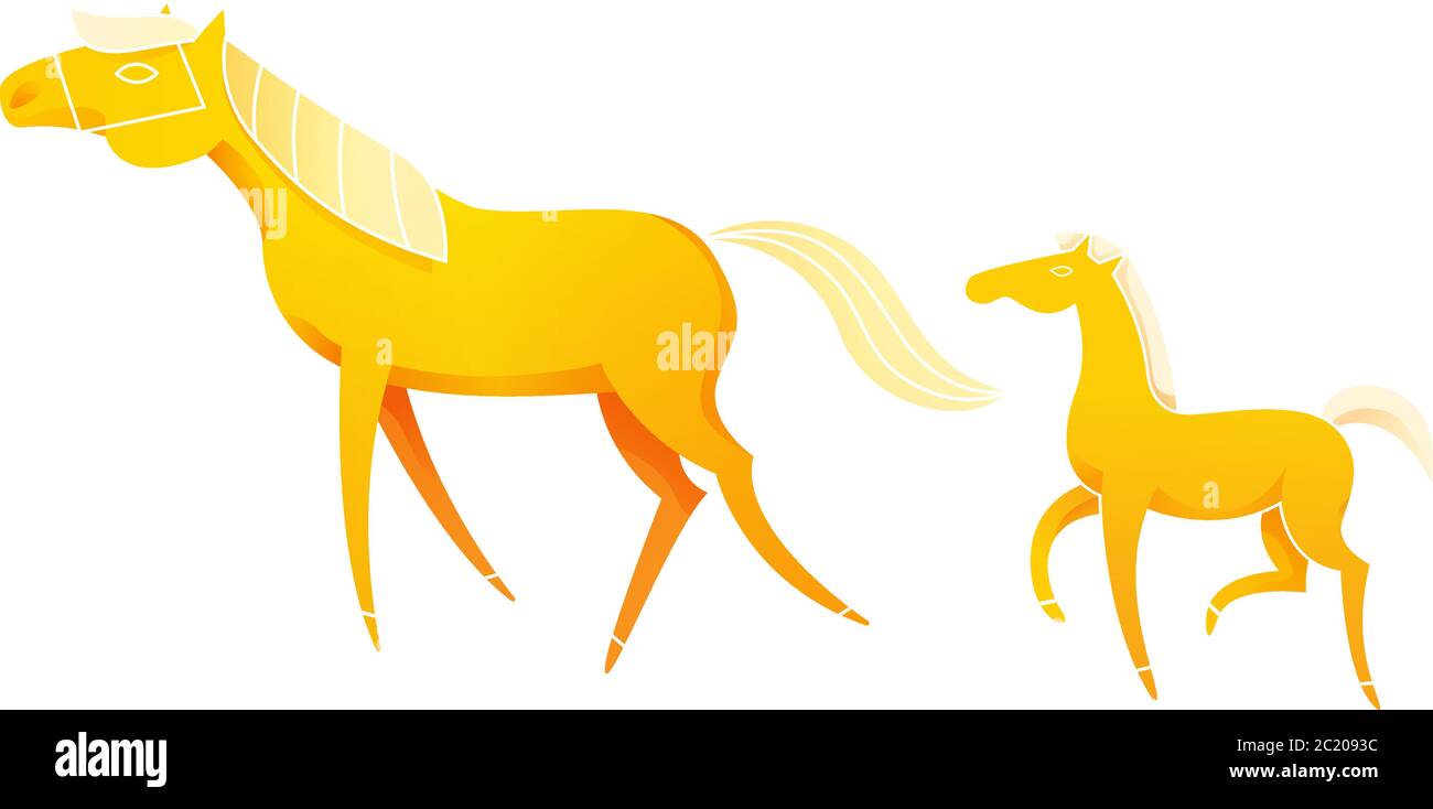 Zwei Pferde. Palomino Stute mit einem niedlichen Fohlen. Stock Vektor