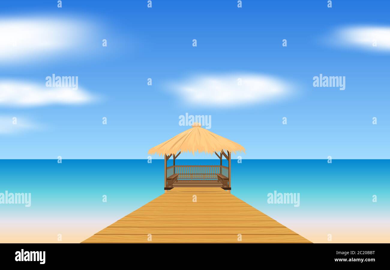 Landschaft aus Holzpavillon am Strand Stock Vektor