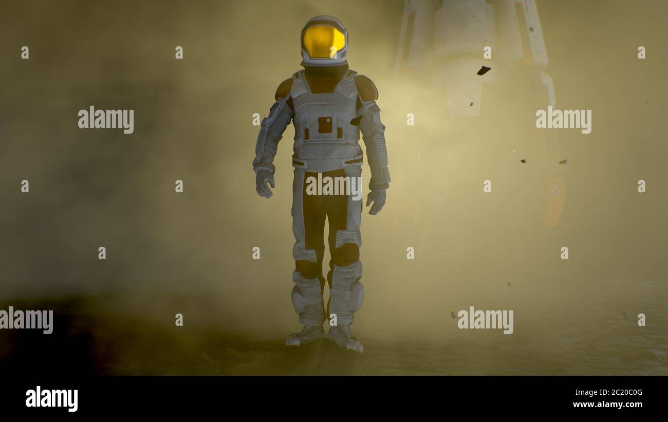 Mutiger Astronaut im Raumanzug erkundet den geheimnisvollen fremden Planeten, der mit Nebel bedeckt ist. Raumfahrt, bewohnbare Welt und Kolonisationskonzept. Platz Stockfoto