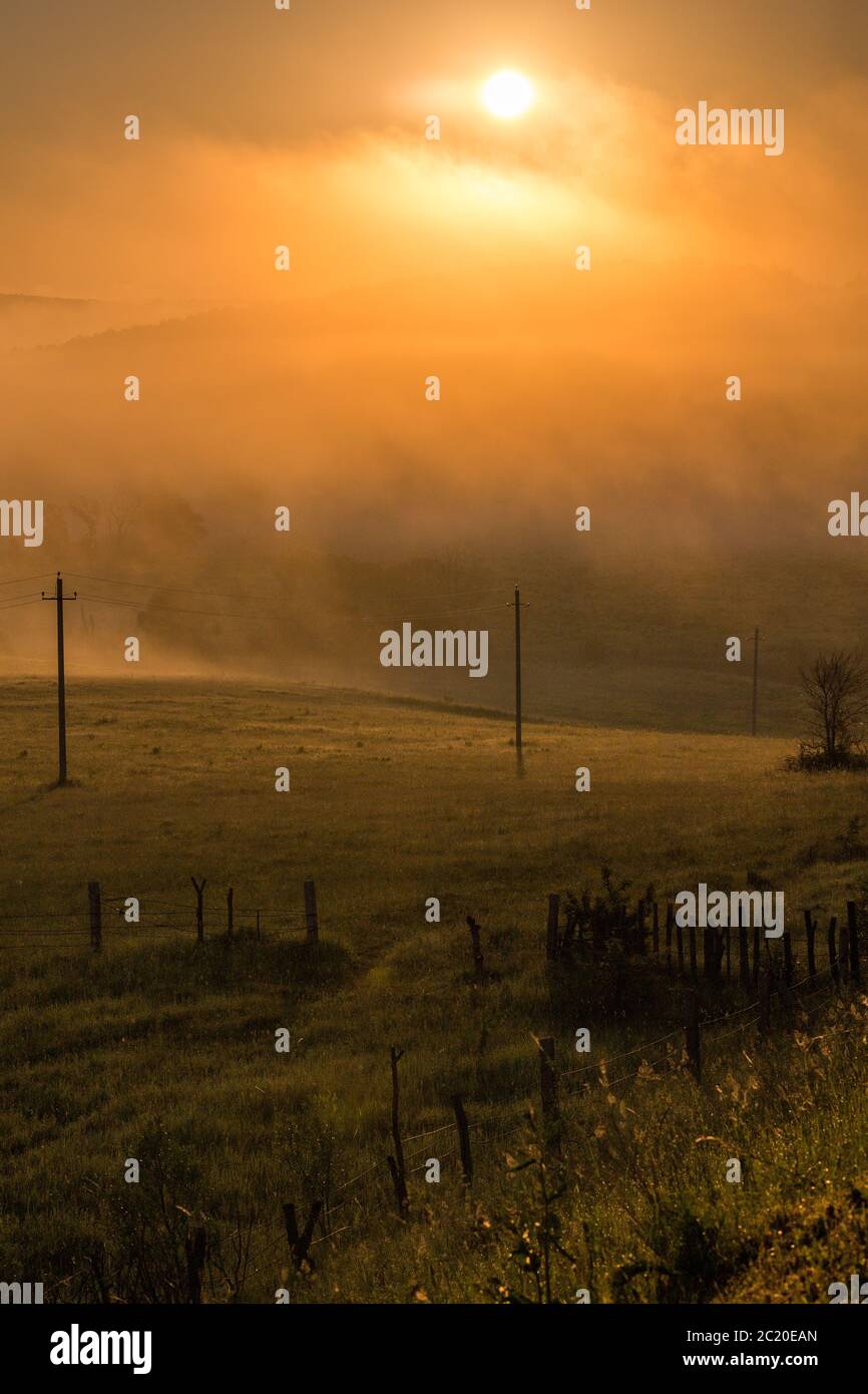 Einfache Luftstromleitungen bei nebligen Morgen in der Sommerlandschaft Stockfoto