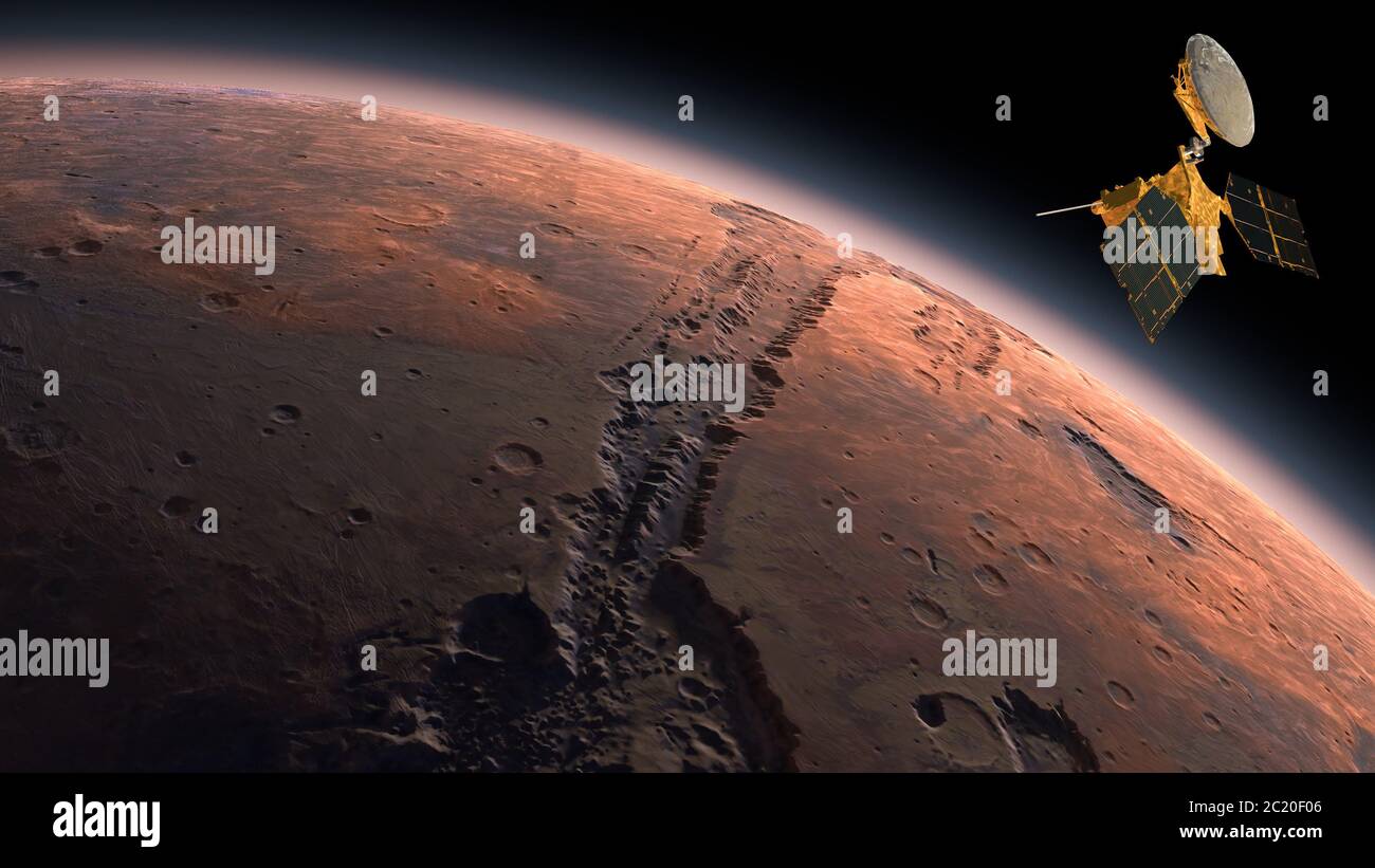 Mars Reconnaissance Orbiter, MRO umkreist Mars. Mars Planet rotiert im Weltraum.Reisen zum roten Planeten Mars im Weltraum. Elemente dieses vi Stockfoto